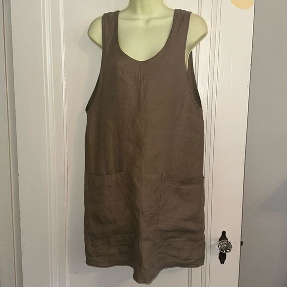 Vintage 80s/90s What’s Up tan/brown linen tank dress with large front pockets - Picture 1 of 8